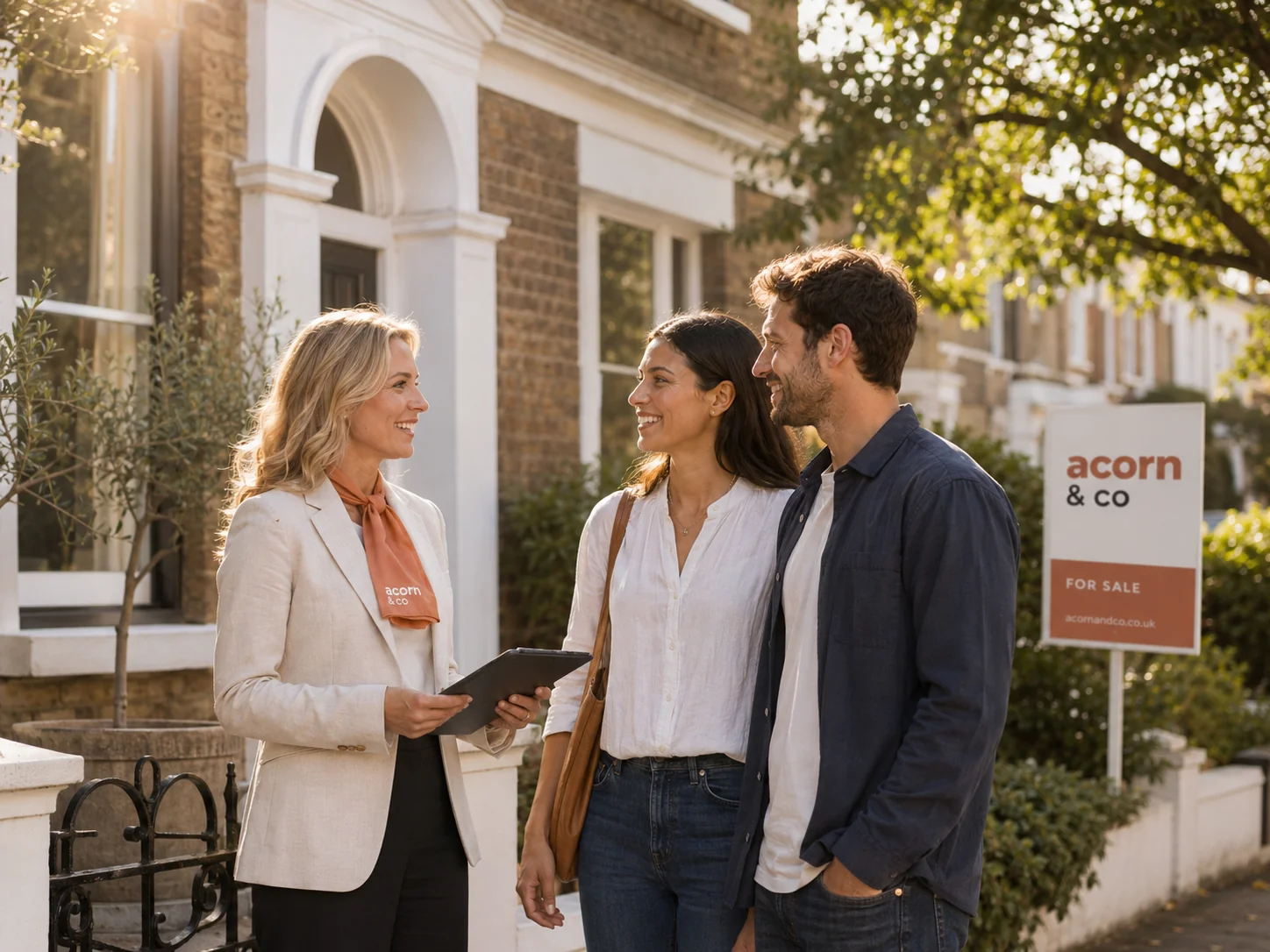 A acorn agent meeting a couple in front of a acorn for-sale board on a Victorian London street