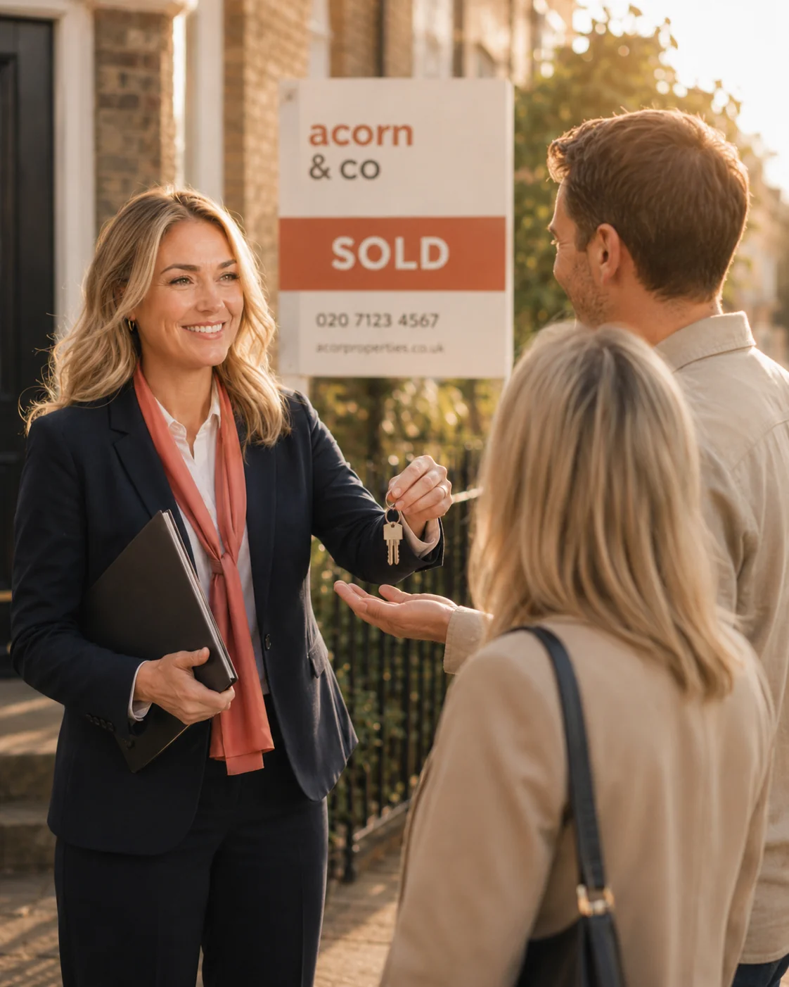 A acorn agent handing keys to a couple with flowers on completion day