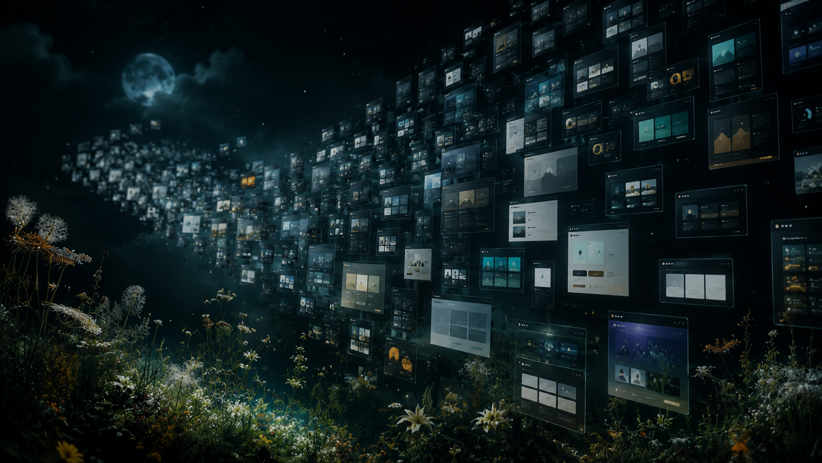 Hundreds of unique website designs floating against a moonlit night sky — every one designed to its own brand, none templated.